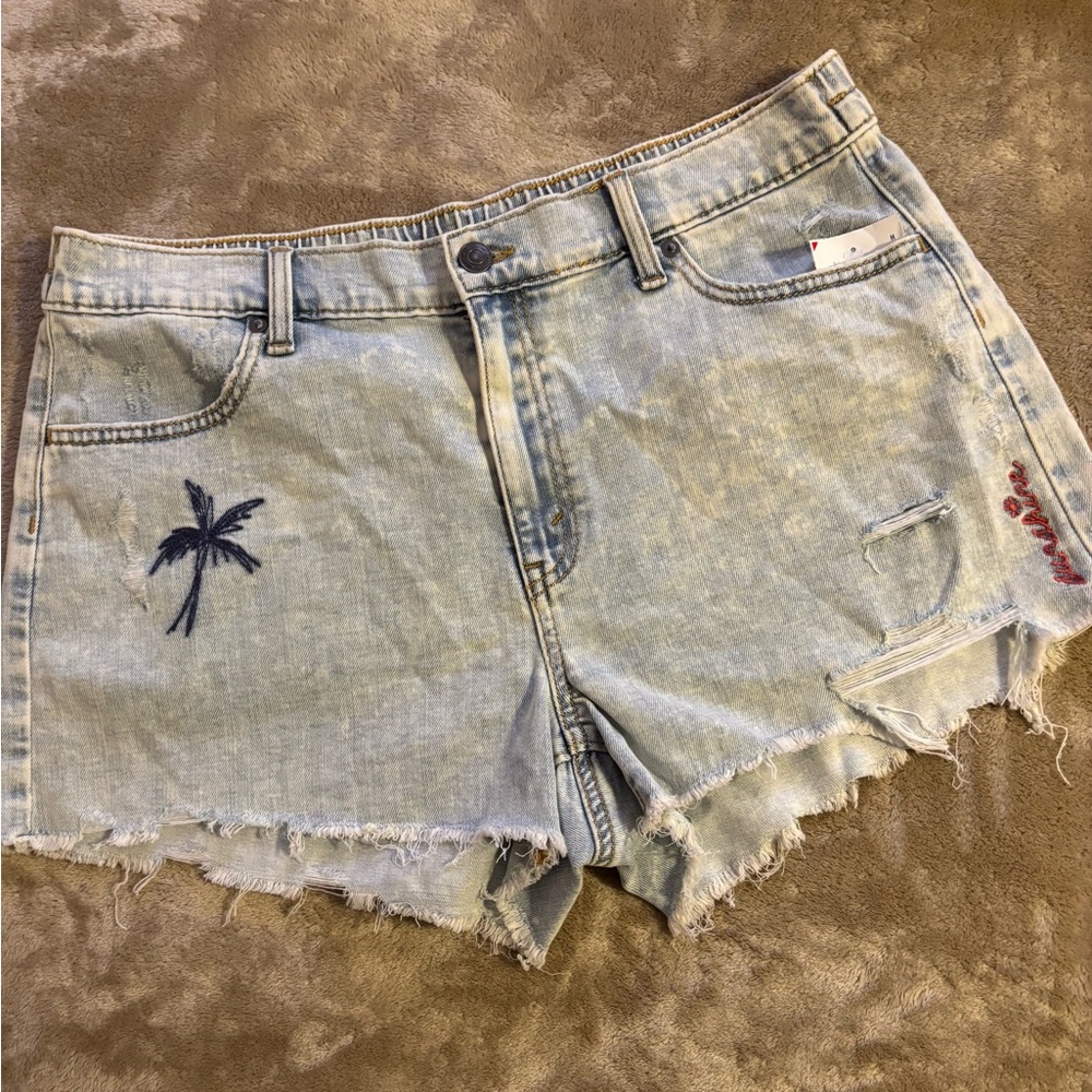 Denim Palm Tree Embroidered Women's Shorts
